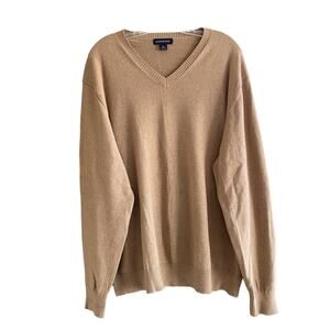 LANDS' END Men's Size XL 46-48 V-Neck Sweater Tan 90% Cotton 10% Cashmere Golf